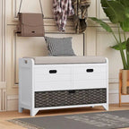Banc de rangement capitonné bleu marine/blanc avec 2 tiroirs et panier – 1 place