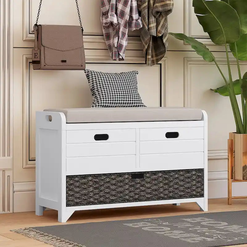 Banc de rangement capitonné bleu marine/blanc avec 2 tiroirs et panier – 1 place