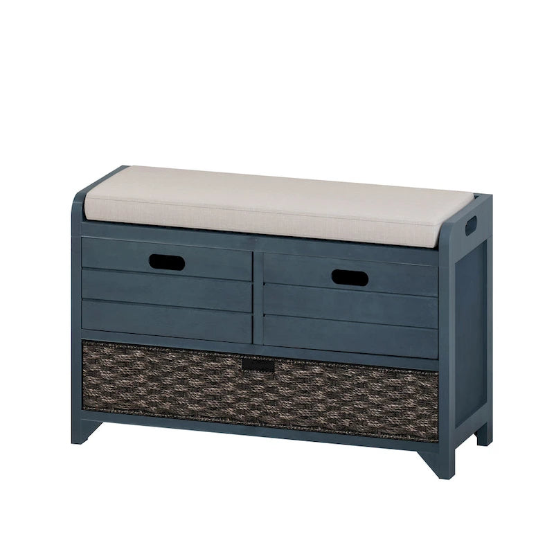 Banc de rangement capitonné bleu marine/blanc avec 2 tiroirs et panier – 1 place