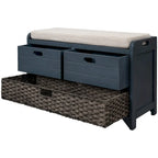 Banc de rangement capitonné bleu marine/blanc avec 2 tiroirs et panier – 1 place