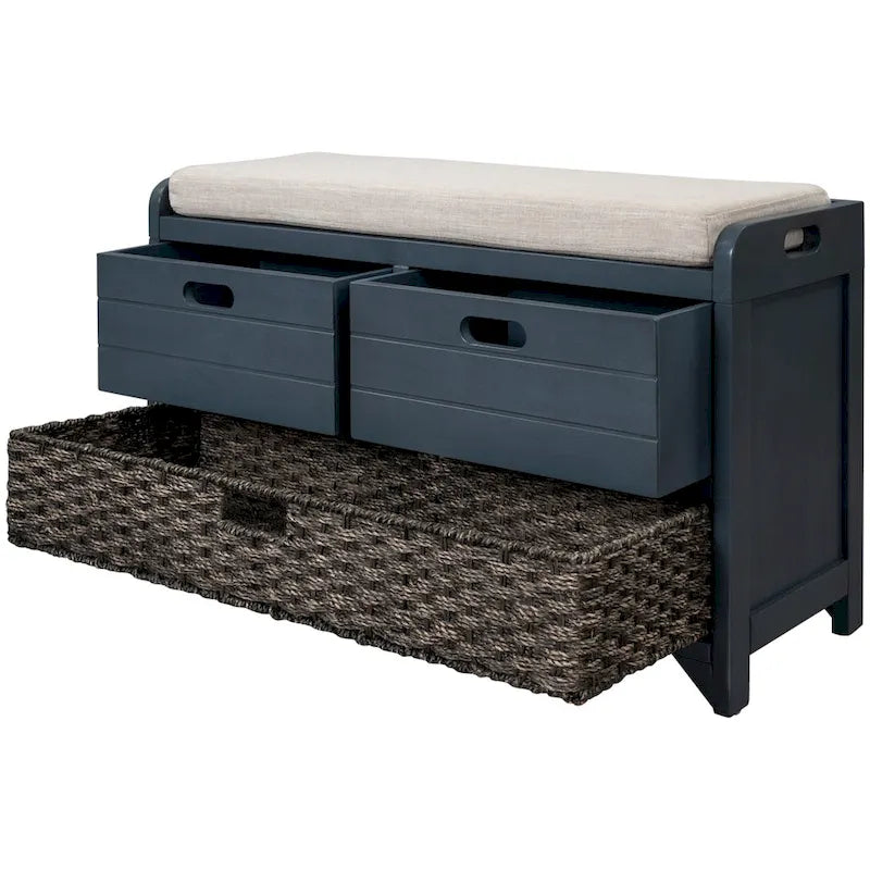 Banc de rangement capitonné bleu marine/blanc avec 2 tiroirs et panier – 1 place