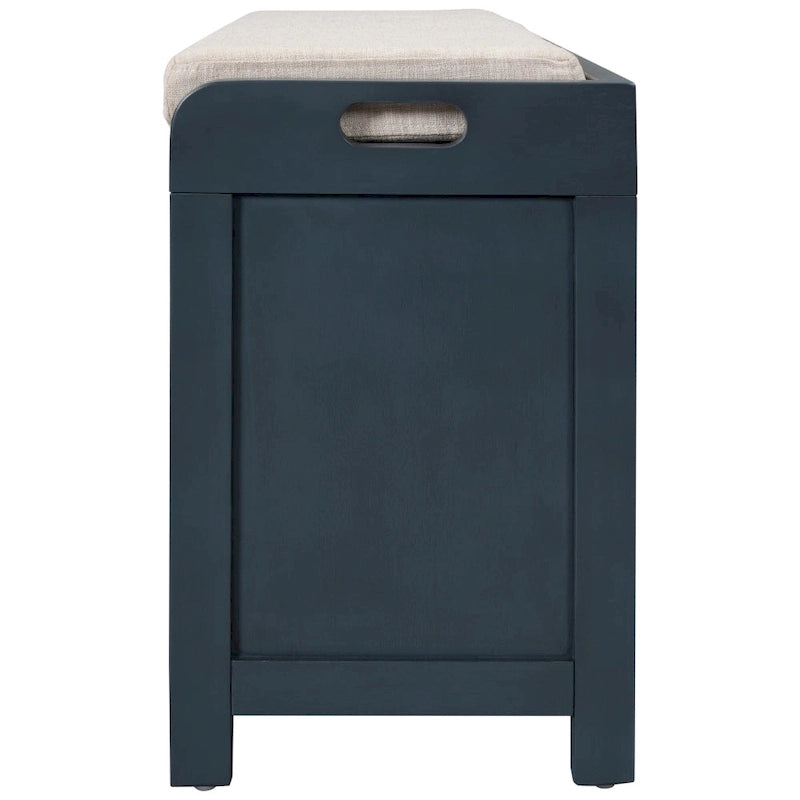Banc de rangement capitonné bleu marine/blanc avec 2 tiroirs et panier – 1 place