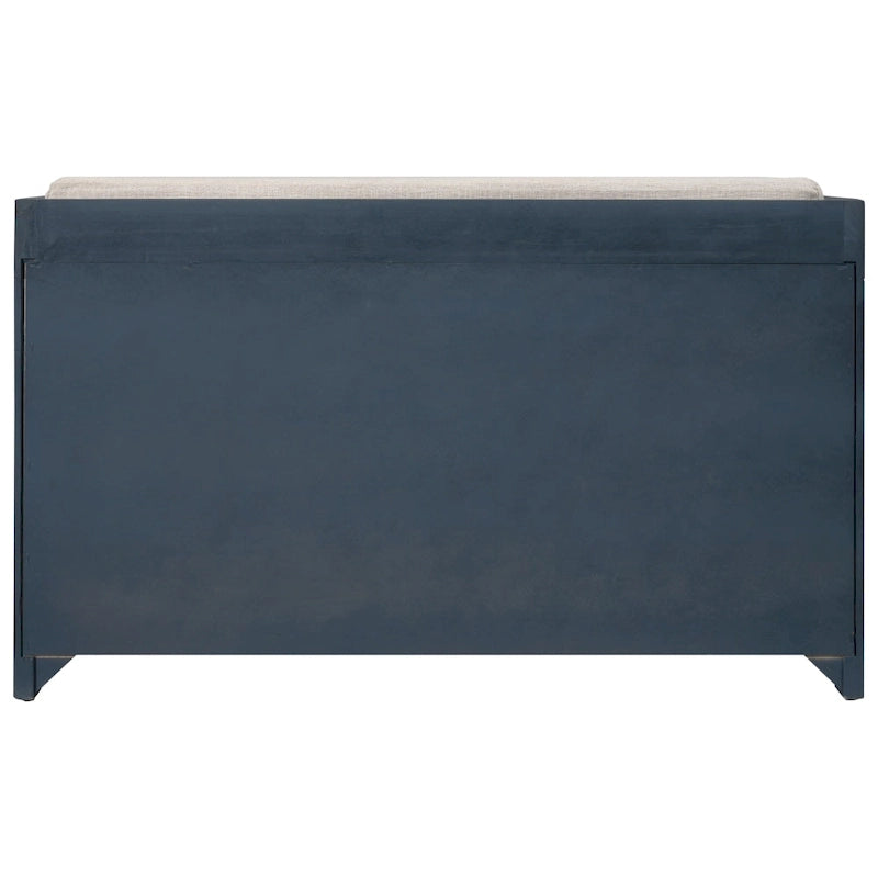 Banc de rangement capitonné bleu marine/blanc avec 2 tiroirs et panier – 1 place