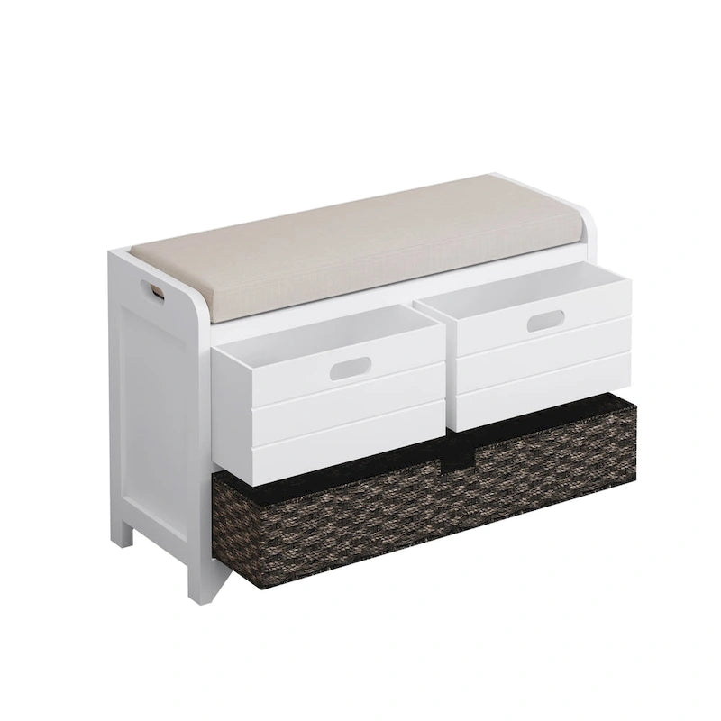 Banc de rangement capitonné bleu marine/blanc avec 2 tiroirs et panier – 1 place