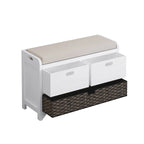 Banc de rangement capitonné bleu marine/blanc avec 2 tiroirs et panier – 1 place