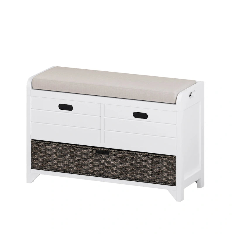 Banc de rangement capitonné bleu marine/blanc avec 2 tiroirs et panier – 1 place