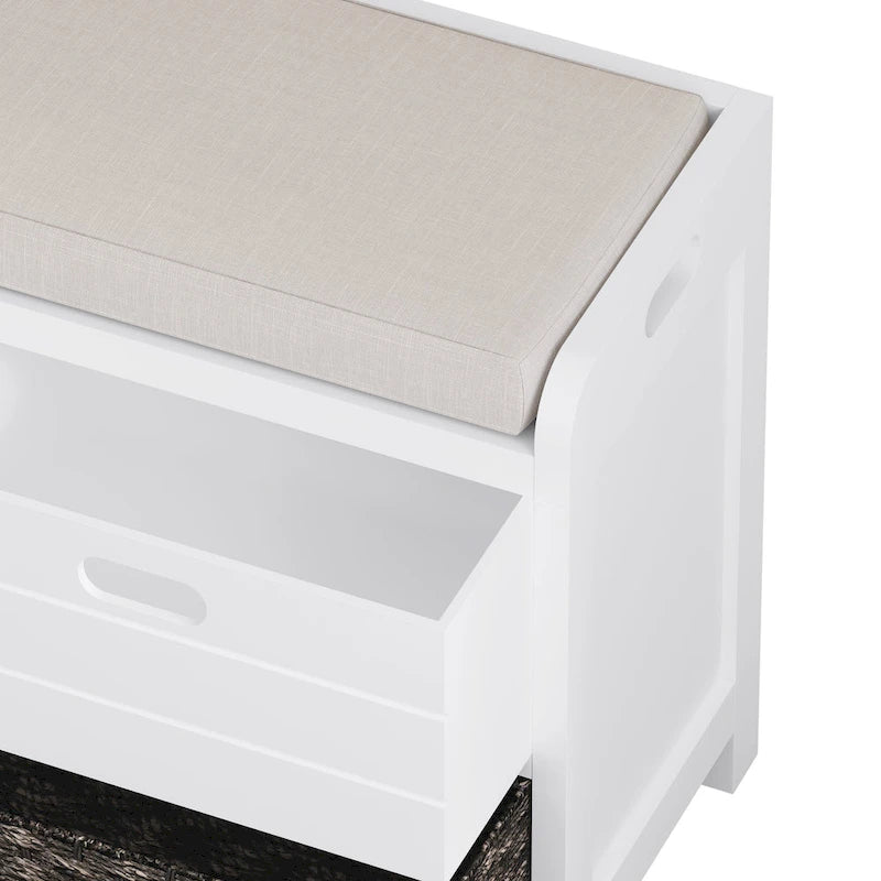 Banc de rangement capitonné bleu marine/blanc avec 2 tiroirs et panier – 1 place