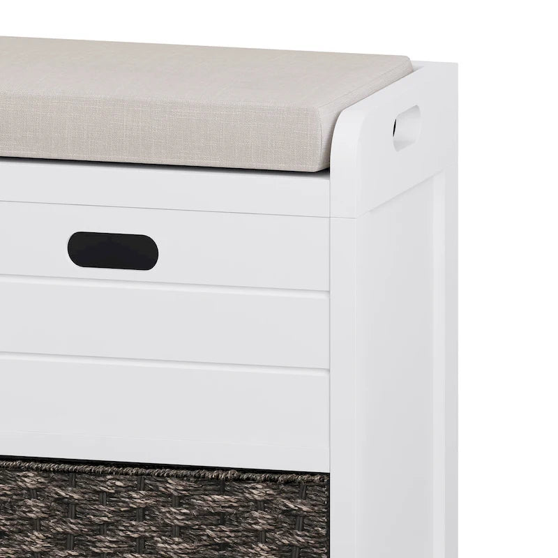 Banc de rangement capitonné bleu marine/blanc avec 2 tiroirs et panier – 1 place