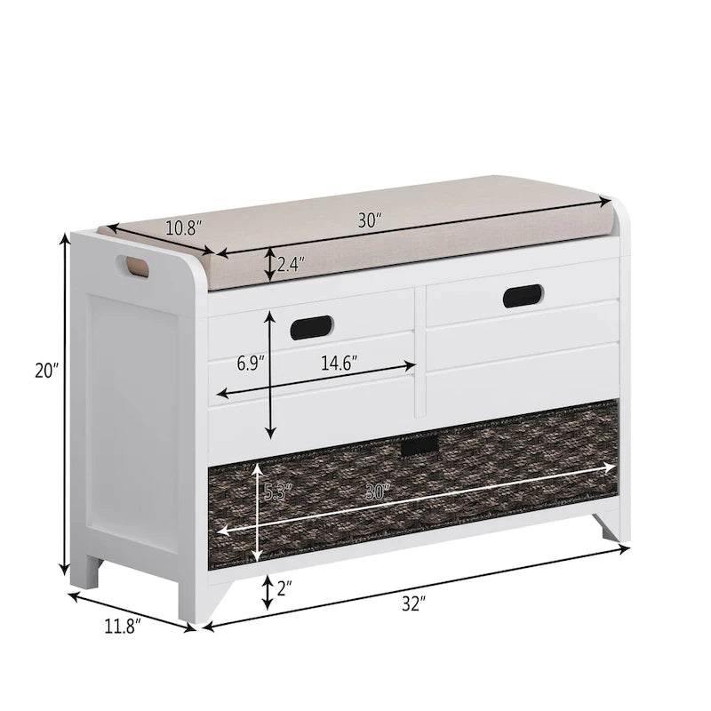 Banc de rangement capitonné bleu marine/blanc avec 2 tiroirs et panier – 1 place