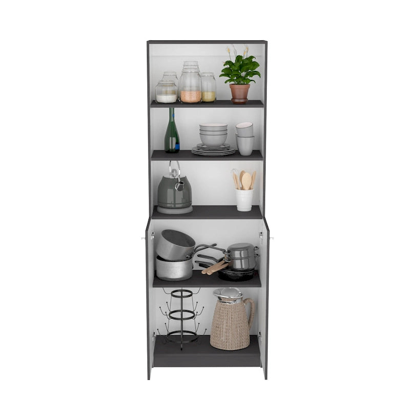 Lot de 2 bibliothèques étroites à 5 étagères et armoires à 2 portes – Multicolore / Beige / Noir / Blanc