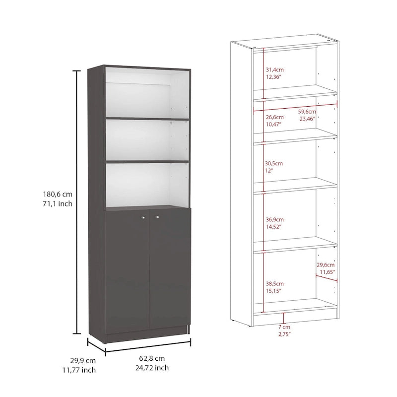 Lot de 2 bibliothèques étroites à 5 étagères et armoires à 2 portes – Multicolore / Beige / Noir / Blanc