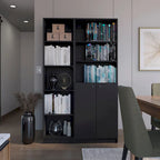 Lot de 2 bibliothèques étroites à 5 étagères et armoires à 2 portes – Multicolore / Beige / Noir / Blanc