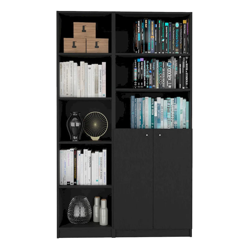 Lot de 2 bibliothèques étroites à 5 étagères et armoires à 2 portes – Multicolore / Beige / Noir / Blanc
