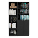 Lot de 2 bibliothèques étroites à 5 étagères et armoires à 2 portes – Multicolore / Beige / Noir / Blanc