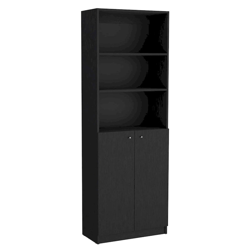 Lot de 2 bibliothèques étroites à 5 étagères et armoires à 2 portes – Multicolore / Beige / Noir / Blanc