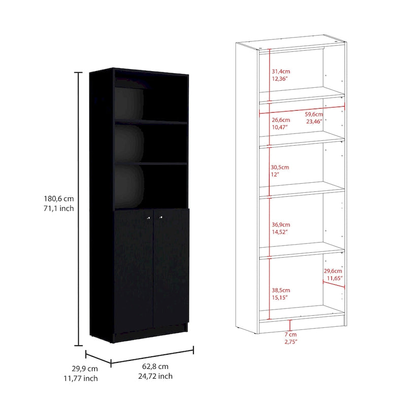 Lot de 2 bibliothèques étroites à 5 étagères et armoires à 2 portes – Multicolore / Beige / Noir / Blanc