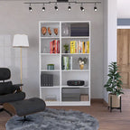Lot de 2 bibliothèques étroites à 5 étagères et armoires à 2 portes – Multicolore / Beige / Noir / Blanc