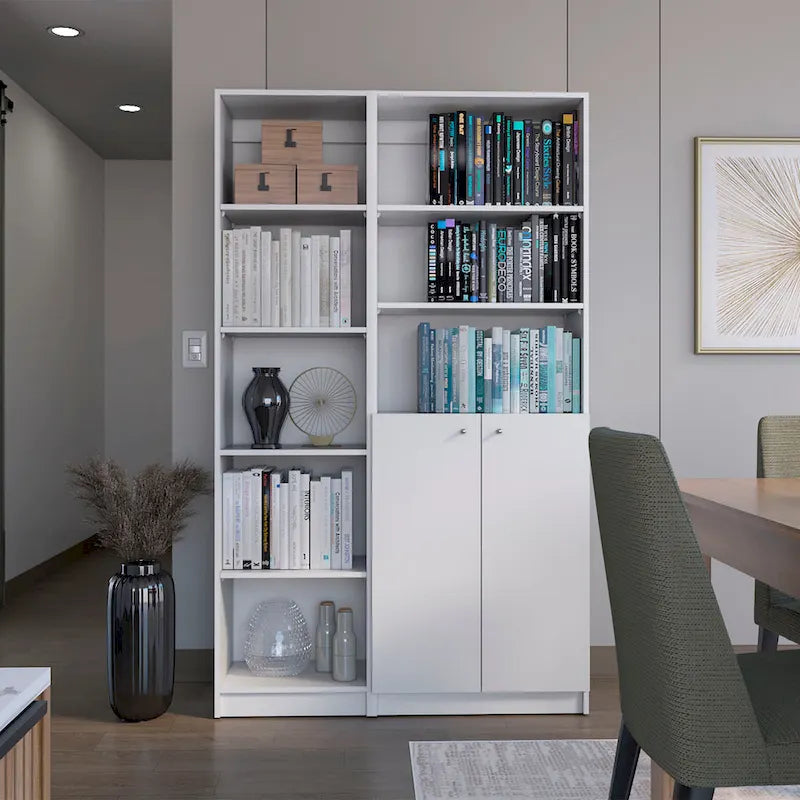 Lot de 2 bibliothèques étroites à 5 étagères et armoires à 2 portes – Multicolore / Beige / Noir / Blanc