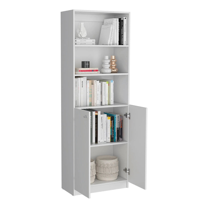 Lot de 2 bibliothèques étroites à 5 étagères et armoires à 2 portes – Multicolore / Beige / Noir / Blanc