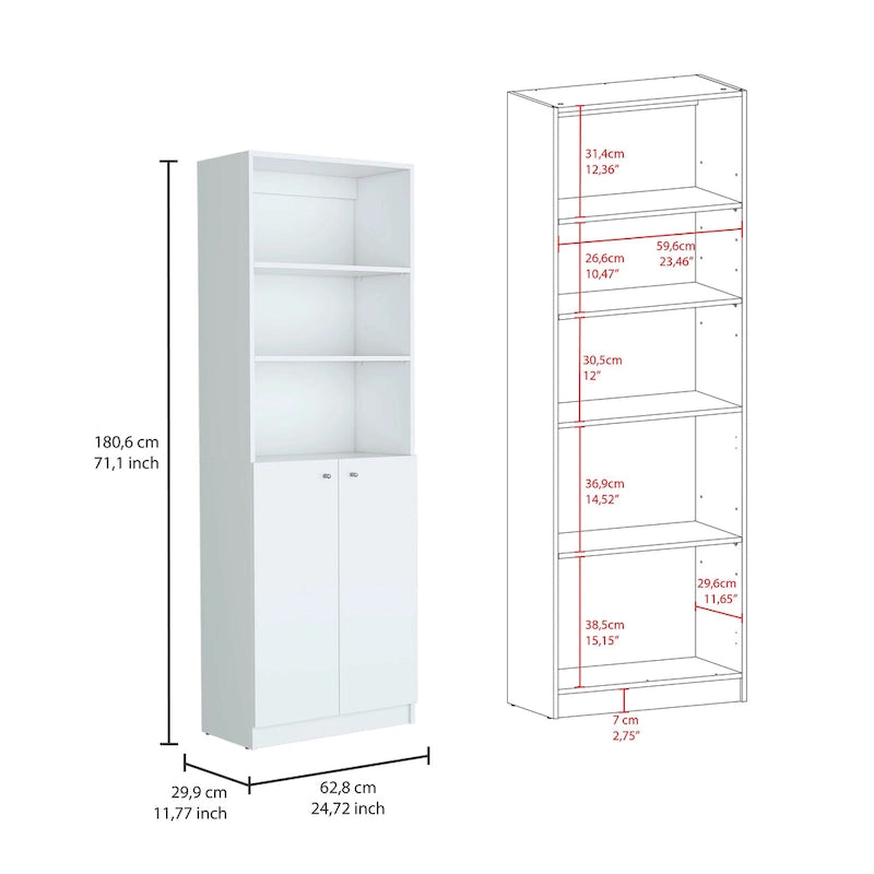 Lot de 2 bibliothèques étroites à 5 étagères et armoires à 2 portes – Multicolore / Beige / Noir / Blanc