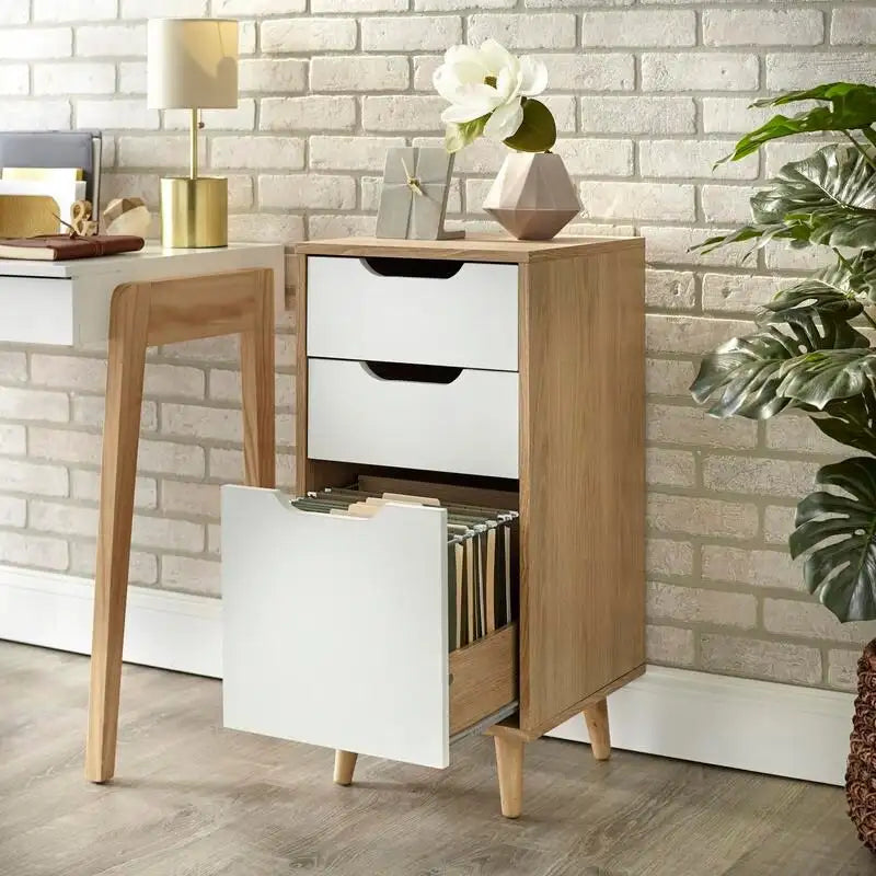 Classeur naturel à 3 tiroirs – Style moderne du milieu du siècle, pour utilisateur unique