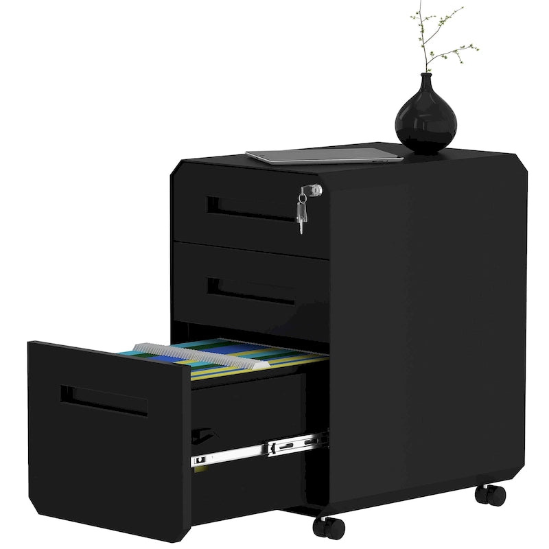 Caisson de classement mobile 3 tiroirs, blanc/noir, acier avec roulettes verrouillables