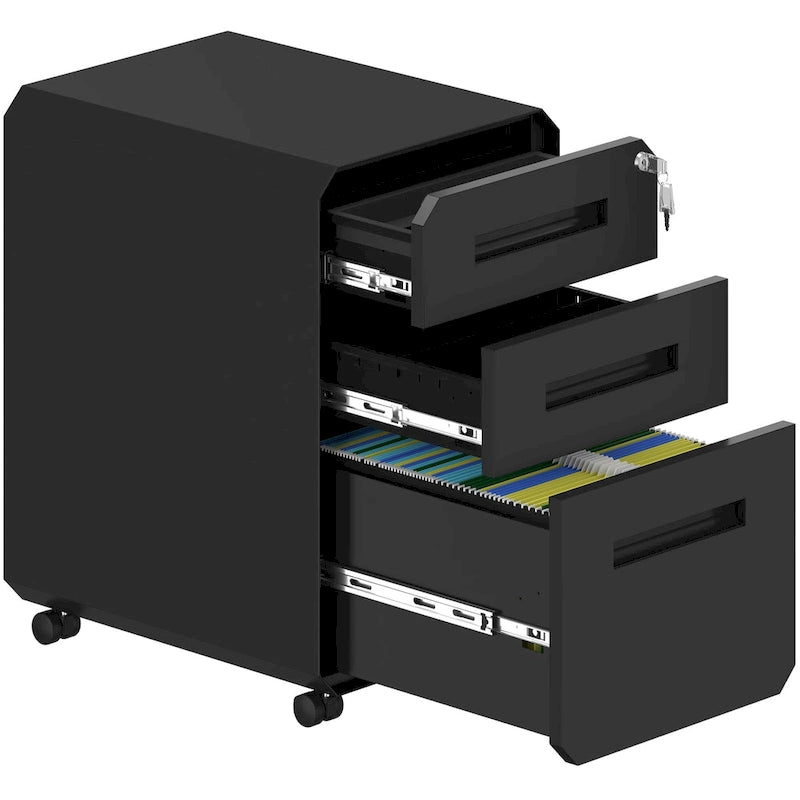 Caisson de classement mobile 3 tiroirs, blanc/noir, acier avec roulettes verrouillables