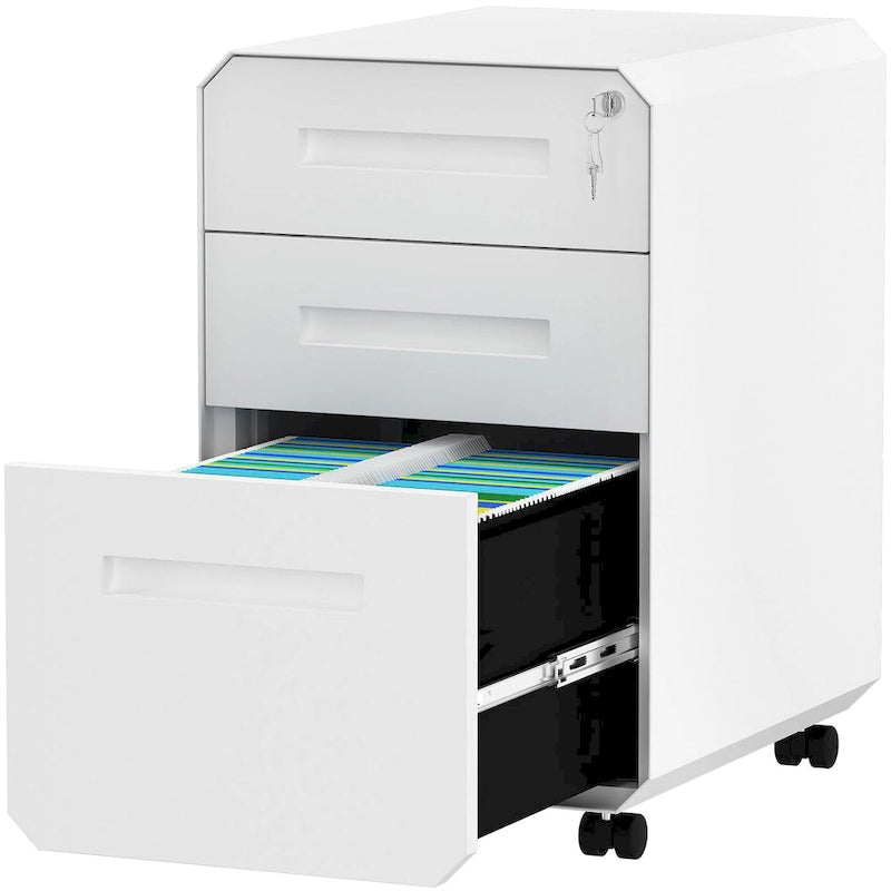 Caisson de classement mobile 3 tiroirs, blanc/noir, acier avec roulettes verrouillables