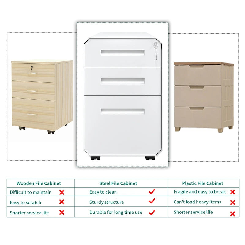 Caisson de classement mobile 3 tiroirs, blanc/noir, acier avec roulettes verrouillables