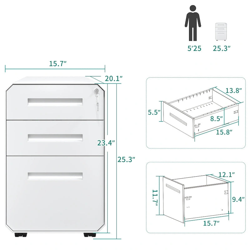 Caisson de classement mobile 3 tiroirs, blanc/noir, acier avec roulettes verrouillables