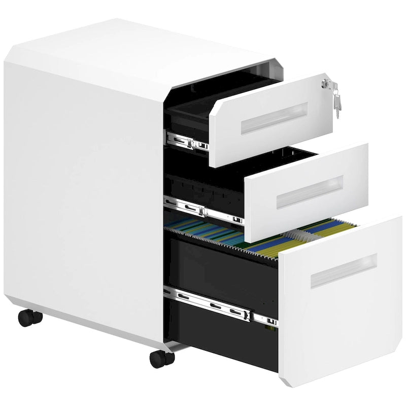 Caisson de classement mobile 3 tiroirs, blanc/noir, acier avec roulettes verrouillables