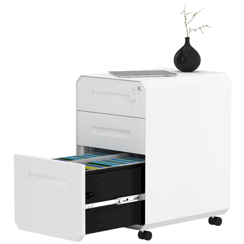 Caisson de classement mobile 3 tiroirs, blanc/noir, acier avec roulettes verrouillables