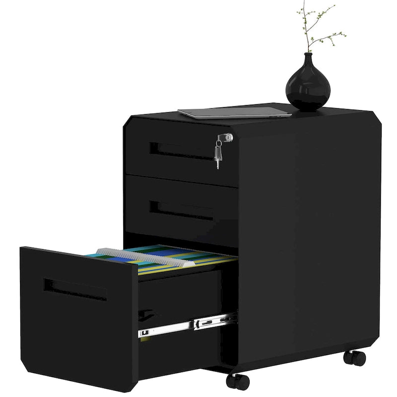 Caisson de classement mobile 3 tiroirs, blanc/noir, acier avec roulettes verrouillables