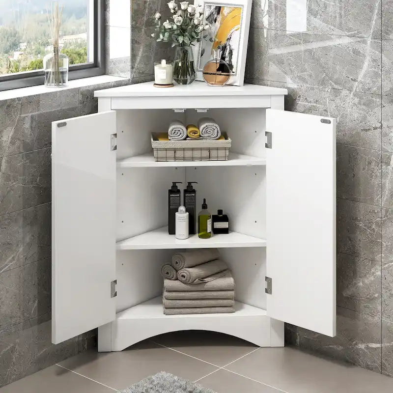 Meuble de rangement d'angle triangulaire en Chêne / Blanc / Bleu / Marron / Argent / Cappuccino avec étagères réglables – 1 personne