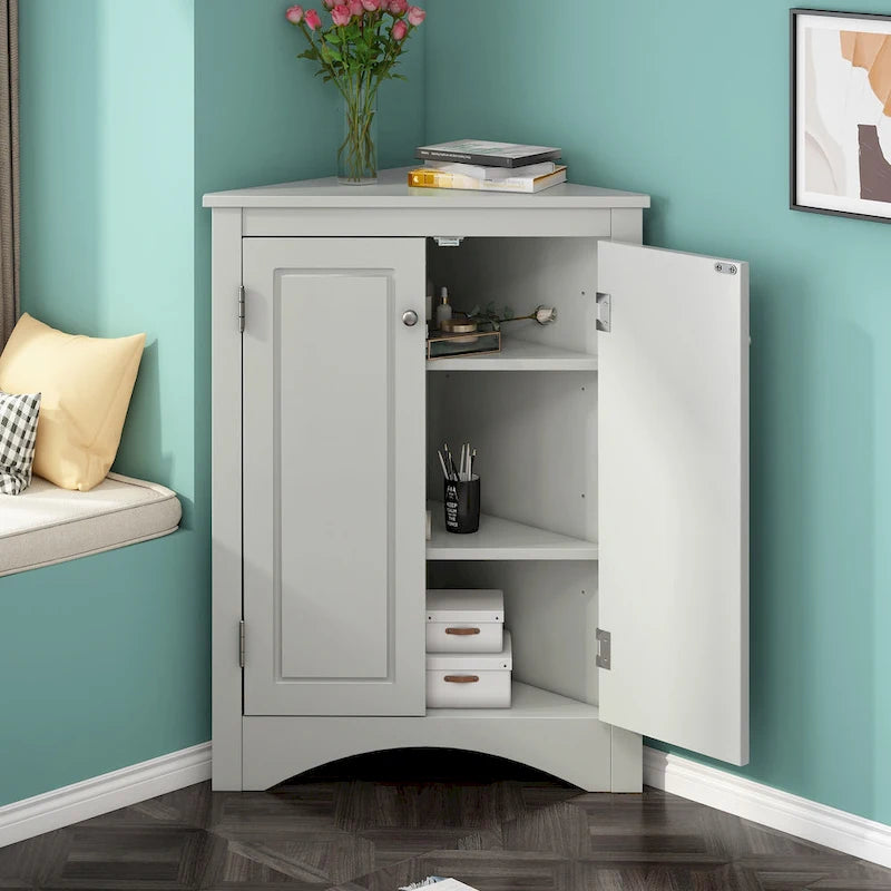 Meuble de rangement d'angle triangulaire en Chêne / Blanc / Bleu / Marron / Argent / Cappuccino avec étagères réglables – 1 personne