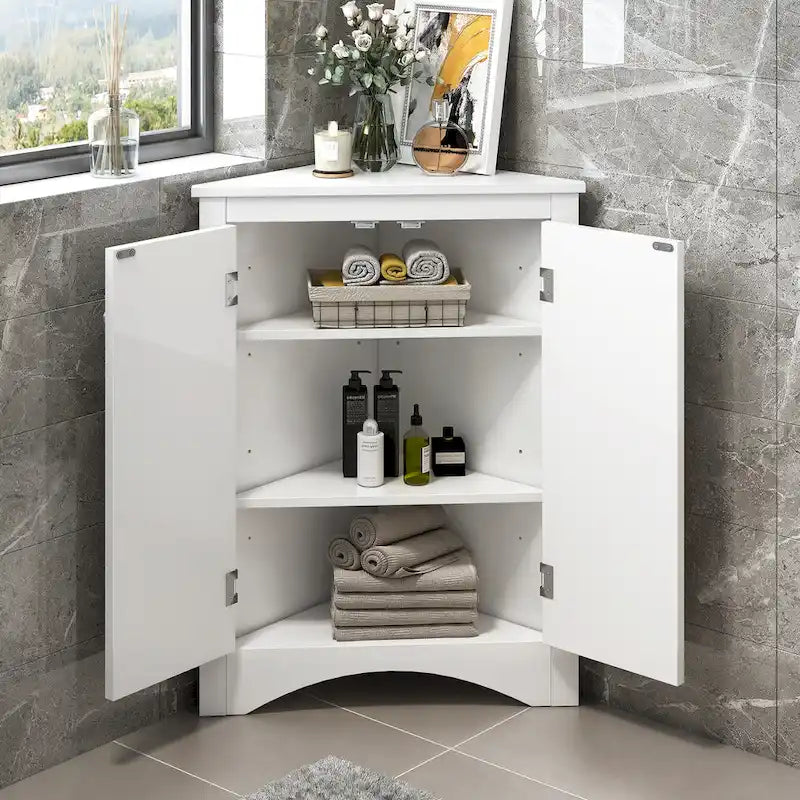Meuble de rangement d'angle triangulaire en Chêne / Blanc / Bleu / Marron / Argent / Cappuccino avec étagères réglables – 1 personne