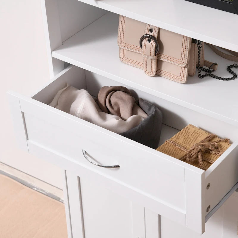 Meuble de rangement au sol autoportant blanc/gris/marron, assemblage par une seule personne