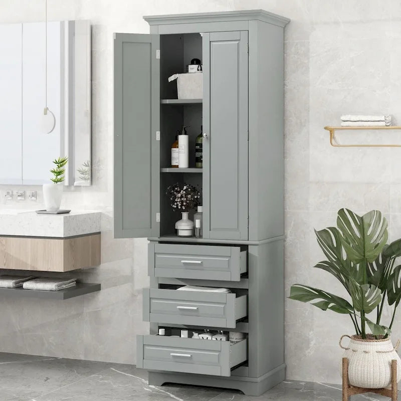 Meuble de Rangement Haut Autoportant Noir / Gris / Blanc – 3 Étagères et 3 Tiroirs, Assemblage par 1 Personne
