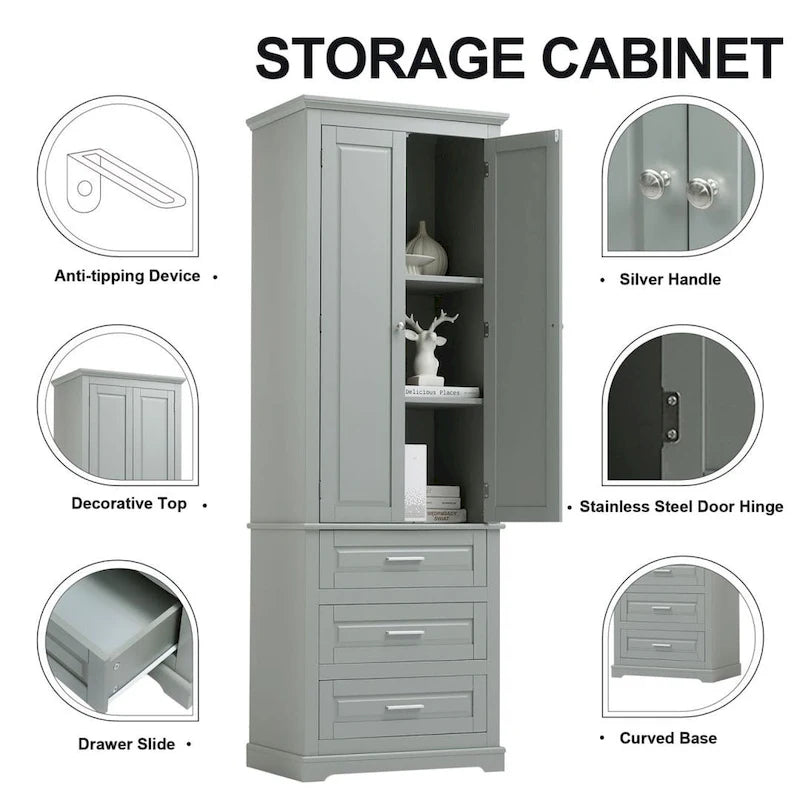 Meuble de Rangement Haut Autoportant Noir / Gris / Blanc – 3 Étagères et 3 Tiroirs, Assemblage par 1 Personne