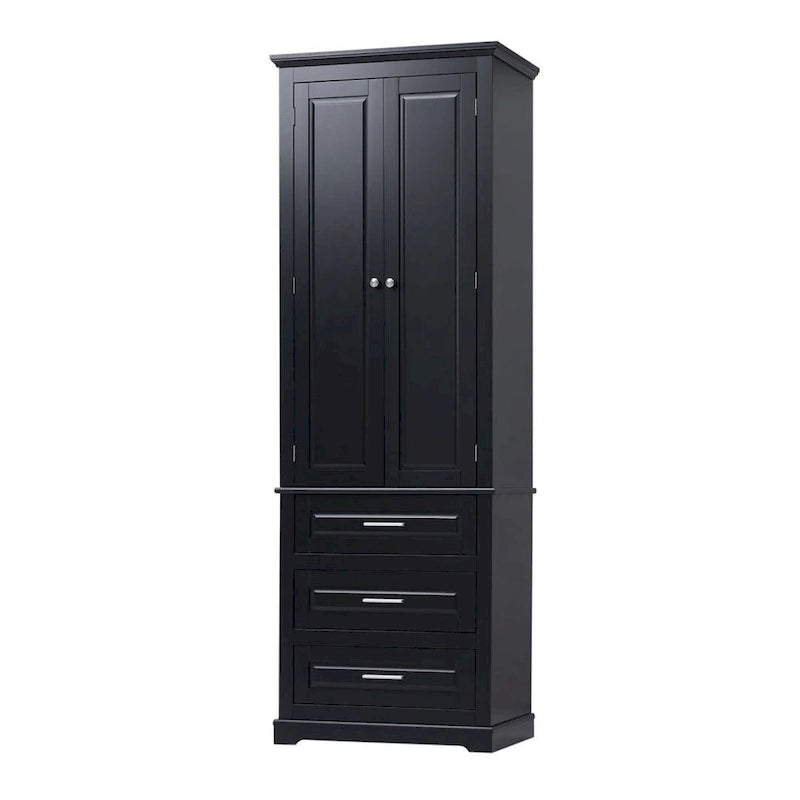 Meuble de Rangement Haut Autoportant Noir / Gris / Blanc – 3 Étagères et 3 Tiroirs, Assemblage par 1 Personne