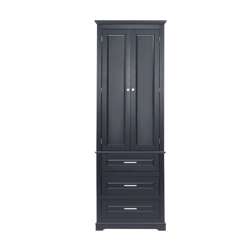 Meuble de Rangement Haut Autoportant Noir / Gris / Blanc – 3 Étagères et 3 Tiroirs, Assemblage par 1 Personne