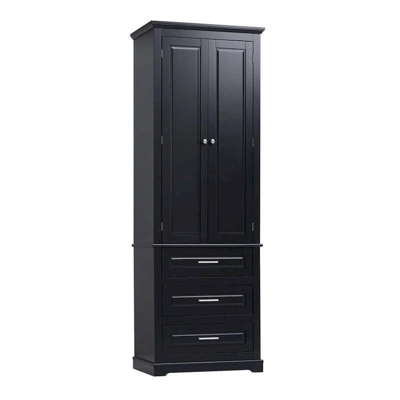 Meuble de Rangement Haut Autoportant Noir / Gris / Blanc – 3 Étagères et 3 Tiroirs, Assemblage par 1 Personne