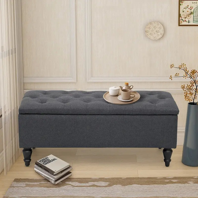 Banc de rangement capitonné de 38 pouces – Bleu denim / Beige / Havane / Gris – 1 place