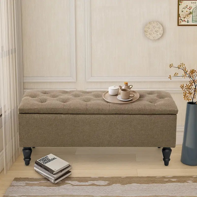 Banc de rangement capitonné de 38 pouces – Bleu denim / Beige / Havane / Gris – 1 place