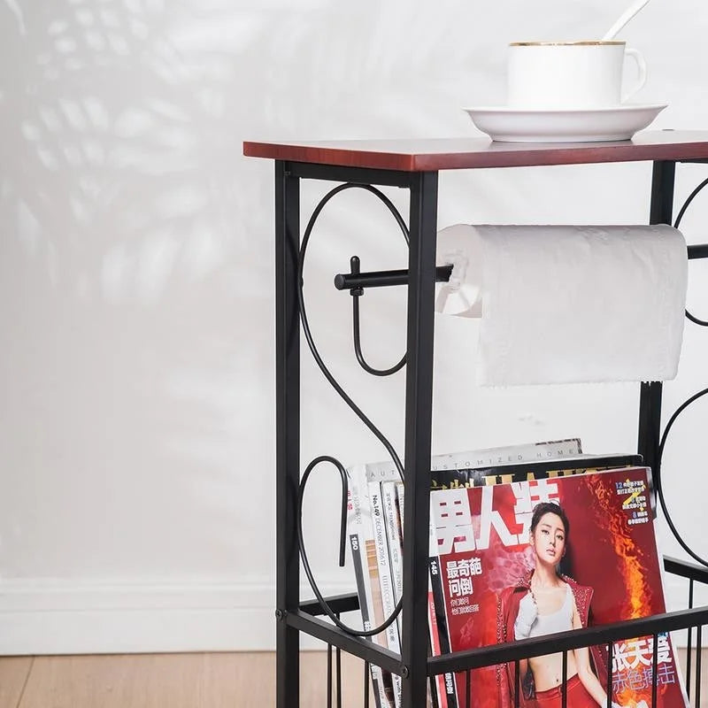 Dessertes de salle de bain en métal marron avec porte-revues et porte-papier toilette