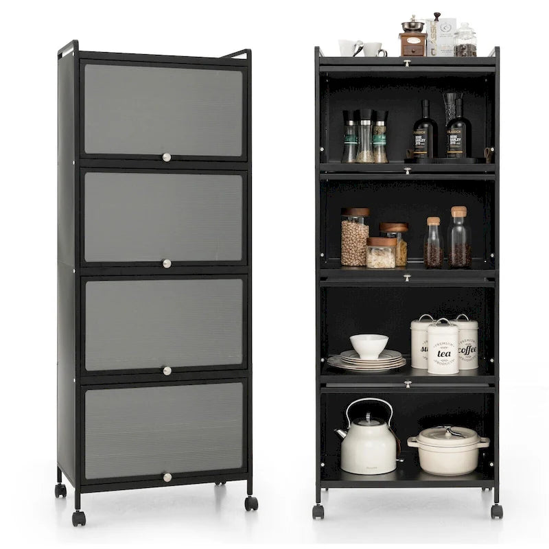 Étagère de rangement de cuisine roulante noire à 5 niveaux avec portes relevables, pour 1 personne