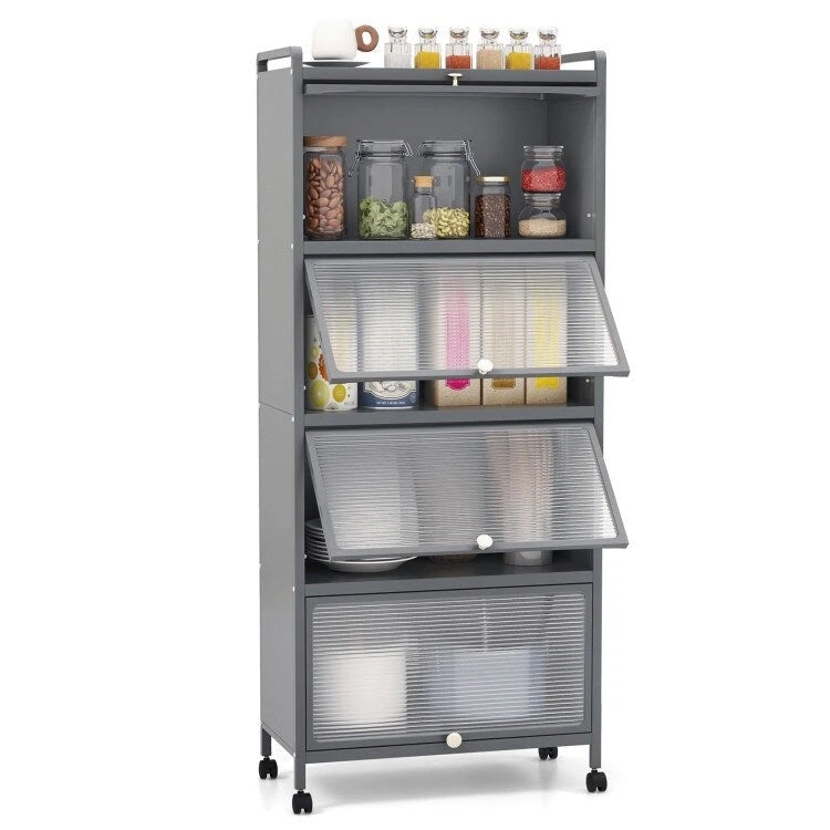 Étagère de rangement de cuisine roulante noire à 5 niveaux avec portes relevables, pour 1 personne