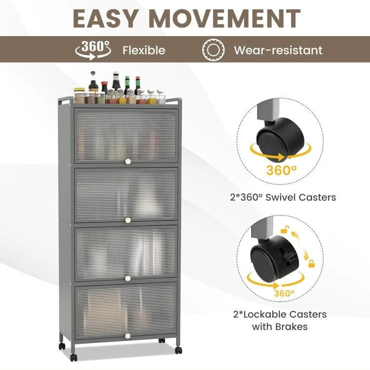 Étagère de rangement de cuisine roulante noire à 5 niveaux avec portes relevables, pour 1 personne