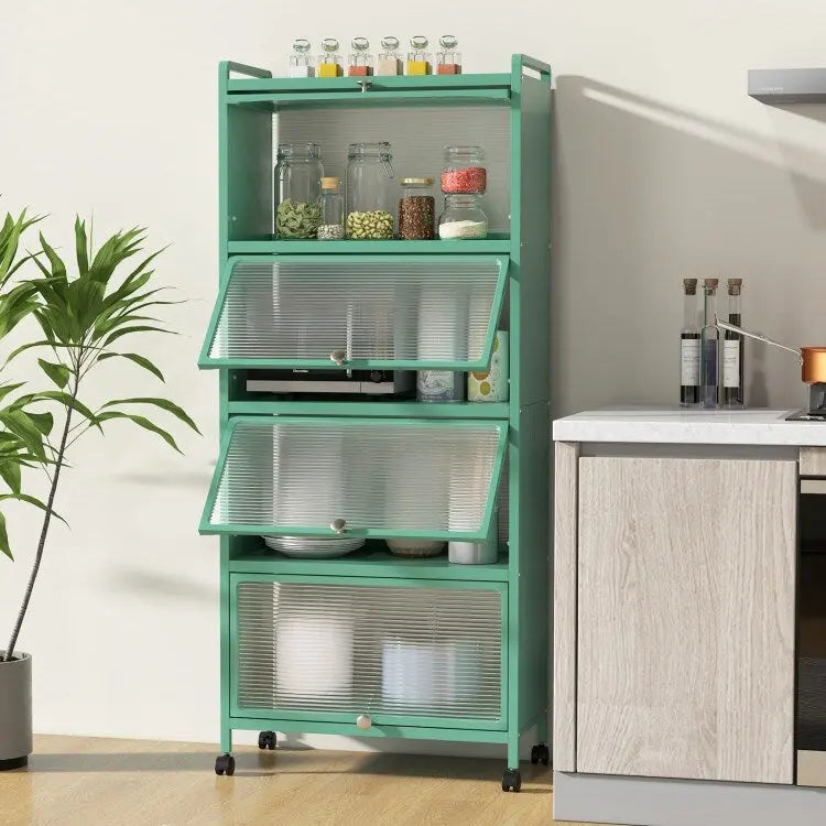 Étagère de rangement de cuisine roulante noire à 5 niveaux avec portes relevables, pour 1 personne
