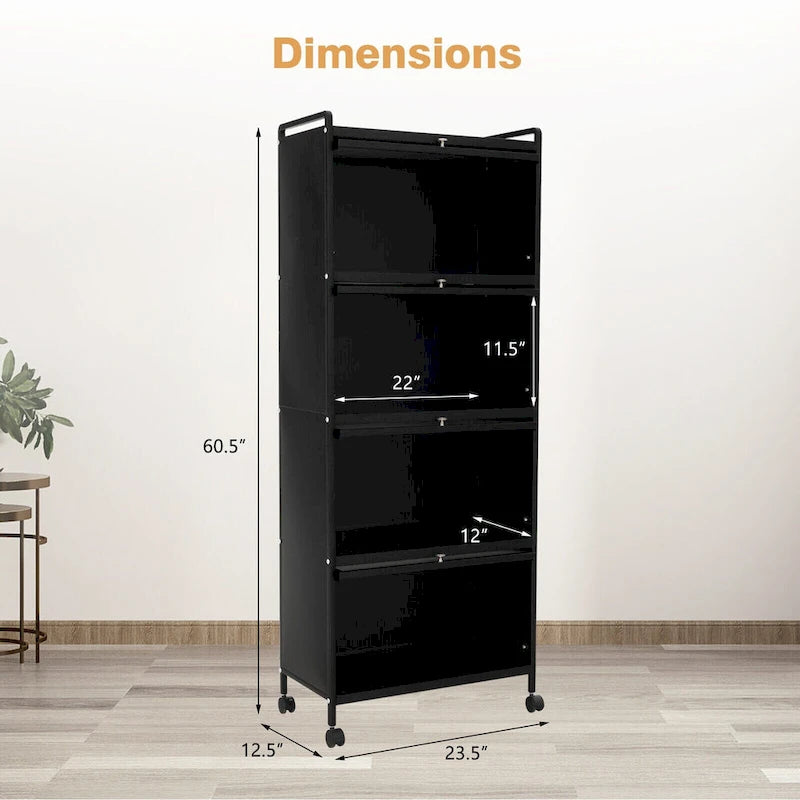 Étagère de rangement de cuisine roulante noire à 5 niveaux avec portes relevables, pour 1 personne